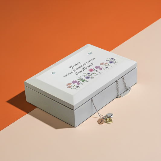 Personalised Wildflower White Wooden Jewellery Box | A Beautiful Keepsake for Cherished Treasures - Artfully Curated Creations and identify whats in the image