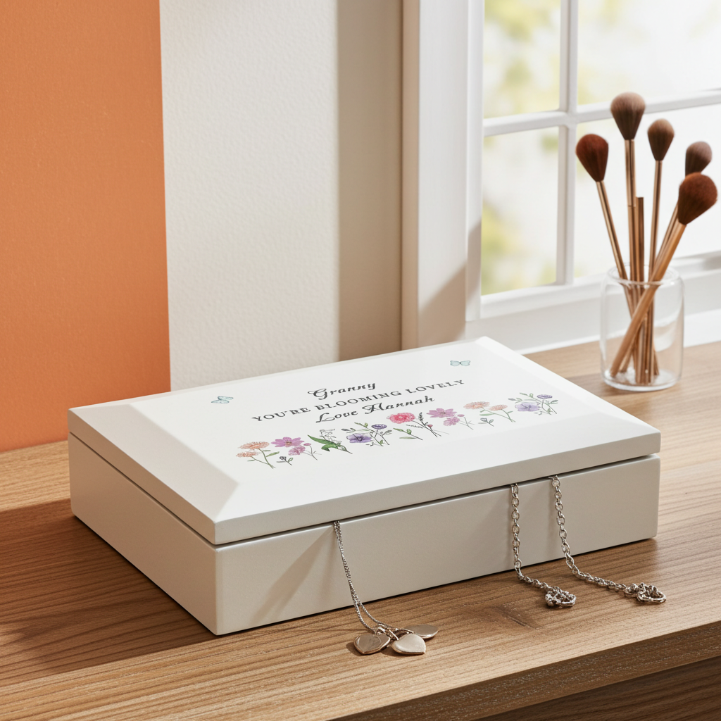 Personalised Wildflower White Wooden Jewellery Box | A Beautiful Keepsake for Cherished Treasures - Artfully Curated Creations and identify whats in the image