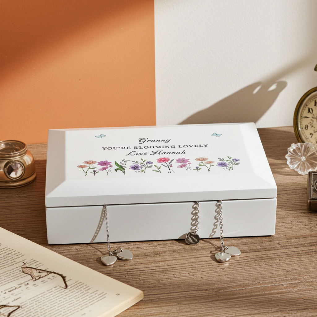 Personalised Wildflower White Wooden Jewellery Box | A Beautiful Keepsake for Cherished Treasures - Artfully Curated Creations and identify whats in the image