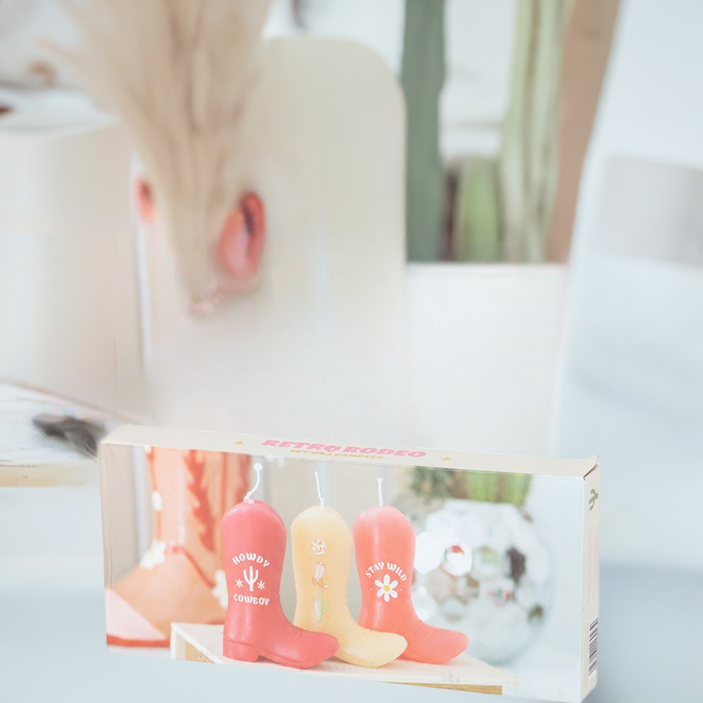 Howdy Cowboy Set of 3 Cowboy Boot Candles Pink Western Decor Unscented Paraffin Wax Novelty Candles with Fun Sayings, Drip-Style