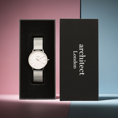 Personalised Ladies Blanc Luxury Handcrafted Watch By Architect London with Stainless Steel Silver Case, Mesh Strap & Gift Box | Modern Font Engraving | A Personal Gift