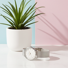 Personalised Ladies Blanc Luxury Handcrafted Watch By Architect London with Stainless Steel Silver Case, Mesh Strap & Gift Box | Modern Font Engraving | A Personal Gift