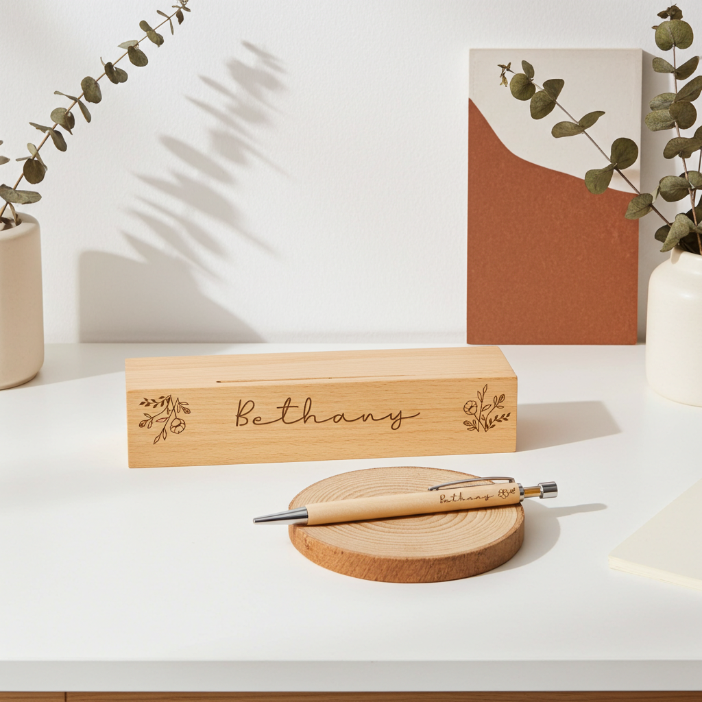 Personalised Floral Wooden Pen and Box Set, Engraved Beechwood, Birthday, Wedding and Retirement Gift