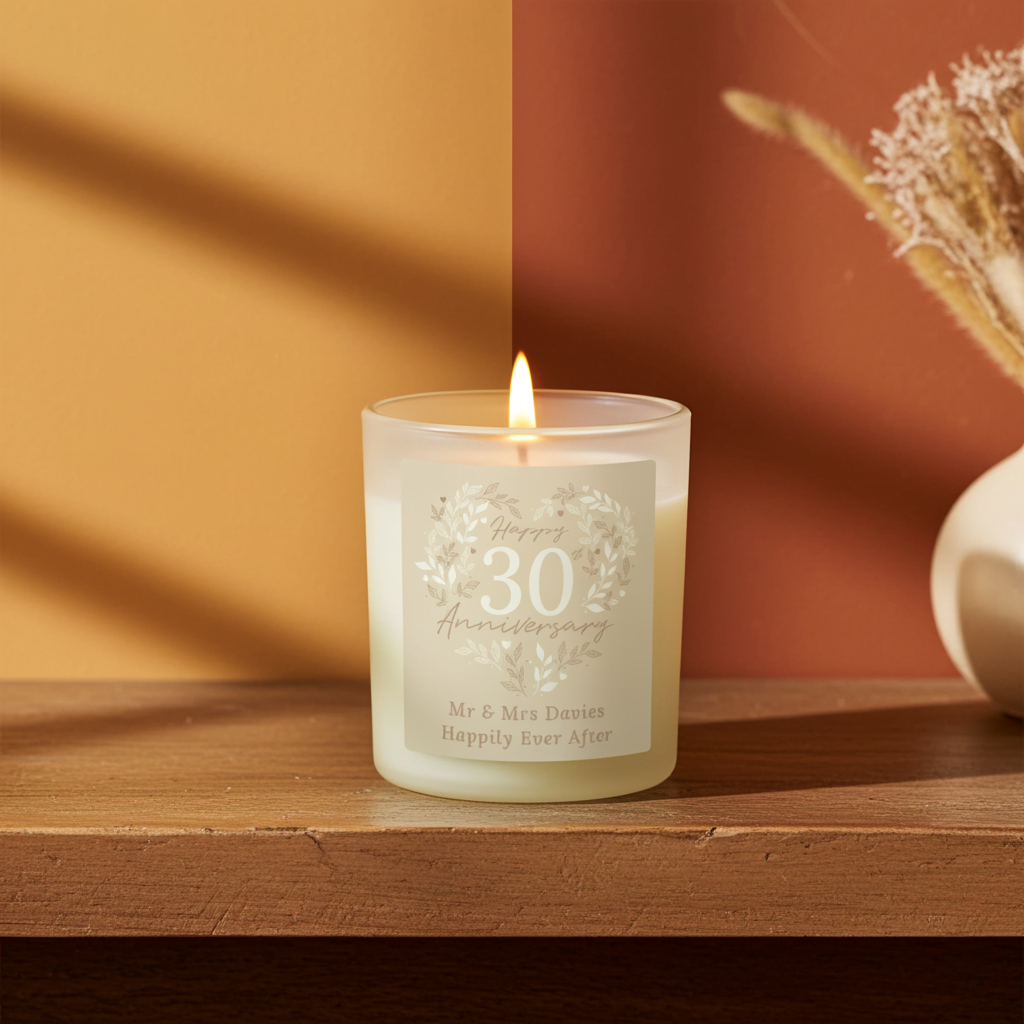 Personalised 30th Anniversary Vanilla Candle Jar | Pearl Anniversary Keepsake - Artfully Curated Creations and identify whats in the image