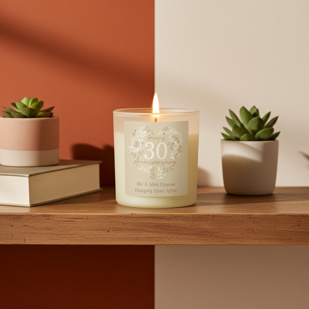 Personalised 30th Anniversary Vanilla Candle Jar | Pearl Anniversary Keepsake - Artfully Curated Creations and identify whats in the image