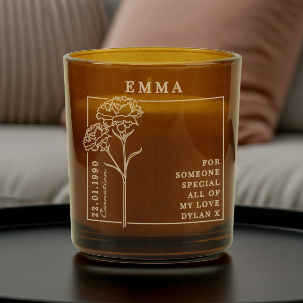 Personalised Birth Flower Candle in Amber Glass Jar | Handmade | A personal gift