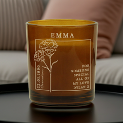 Personalised Birth Flower Candle in Amber Glass Jar | Handmade | A personal gift