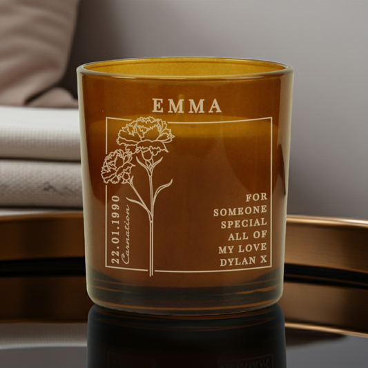 Personalised Birth Flower Candle in Amber Glass Jar | Handmade | A personal gift