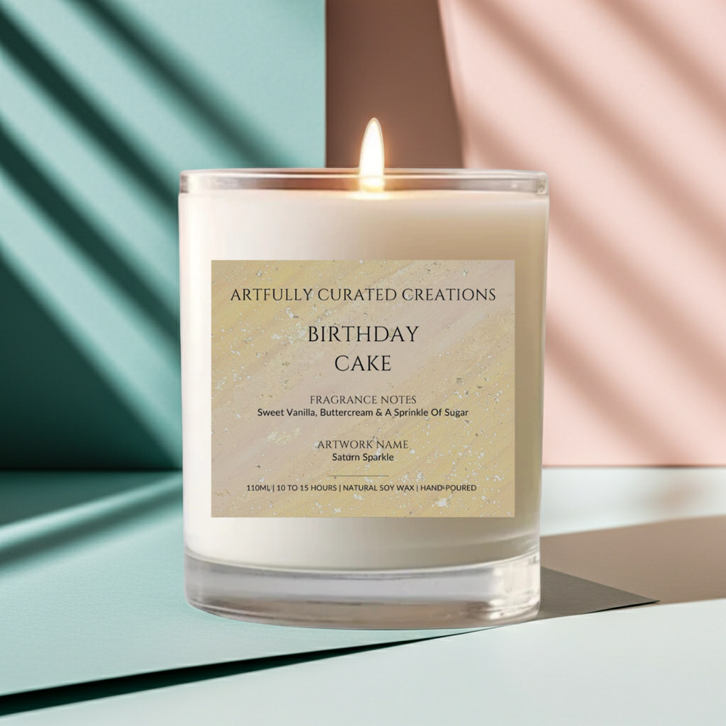 Art Candle Original Artwork Scented Soy Wax in clear glass | Handmade Gift | Wedding Favour | Elegant Home Décor | Luxury Party Bag - Artfully Curated Creations and identify whats in the image