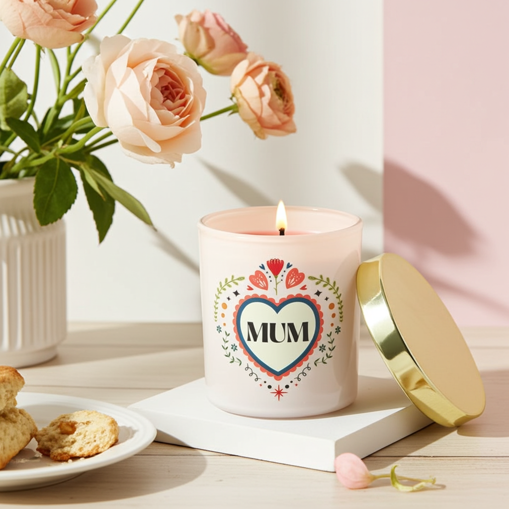 French Tulip Scented Candle for Mum | Cream Glass Jar with Folk Heart Design | 28hr Burn | Mother’s Day Gift