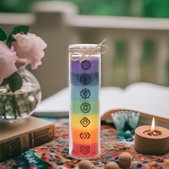 Tall 7 Chakra Candle Layered Rainbow Coloured Wax in Glass Jar Reiki Healing, Yoga Meditation Gift, Energy Balancing Decor