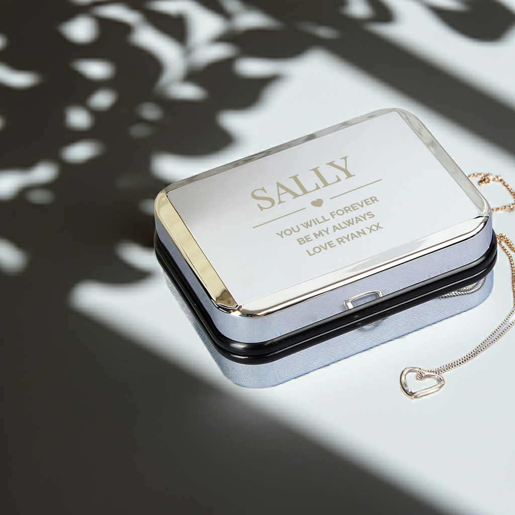 Personalised Sterling Silver Heart Necklace | Engraved Chrome Gift Box - Artfully Curated Creations and identify whats in the image