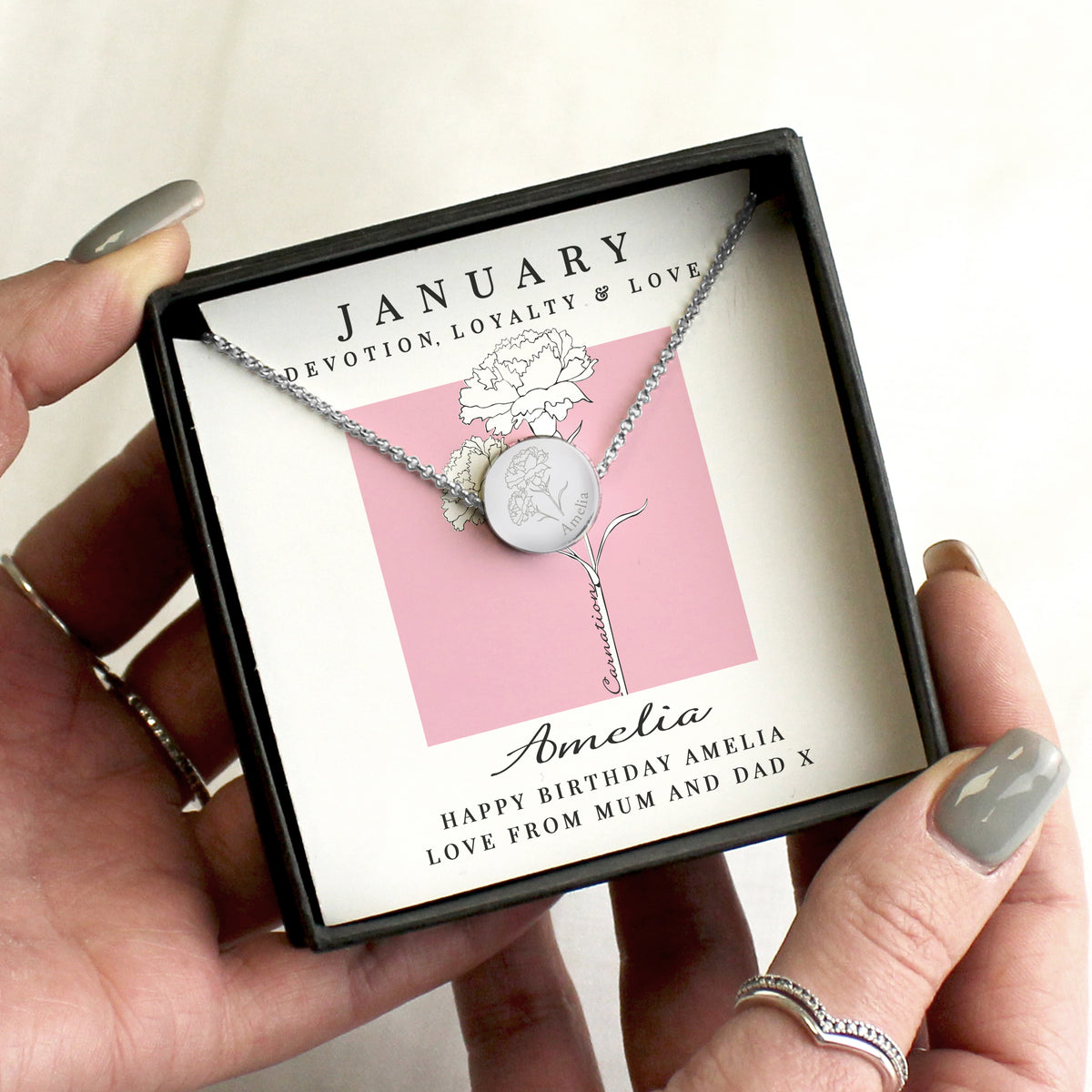 Personalised Birth Flower Necklace And Box | A personal gift - Artfully Curated Creations and identify whats in the image