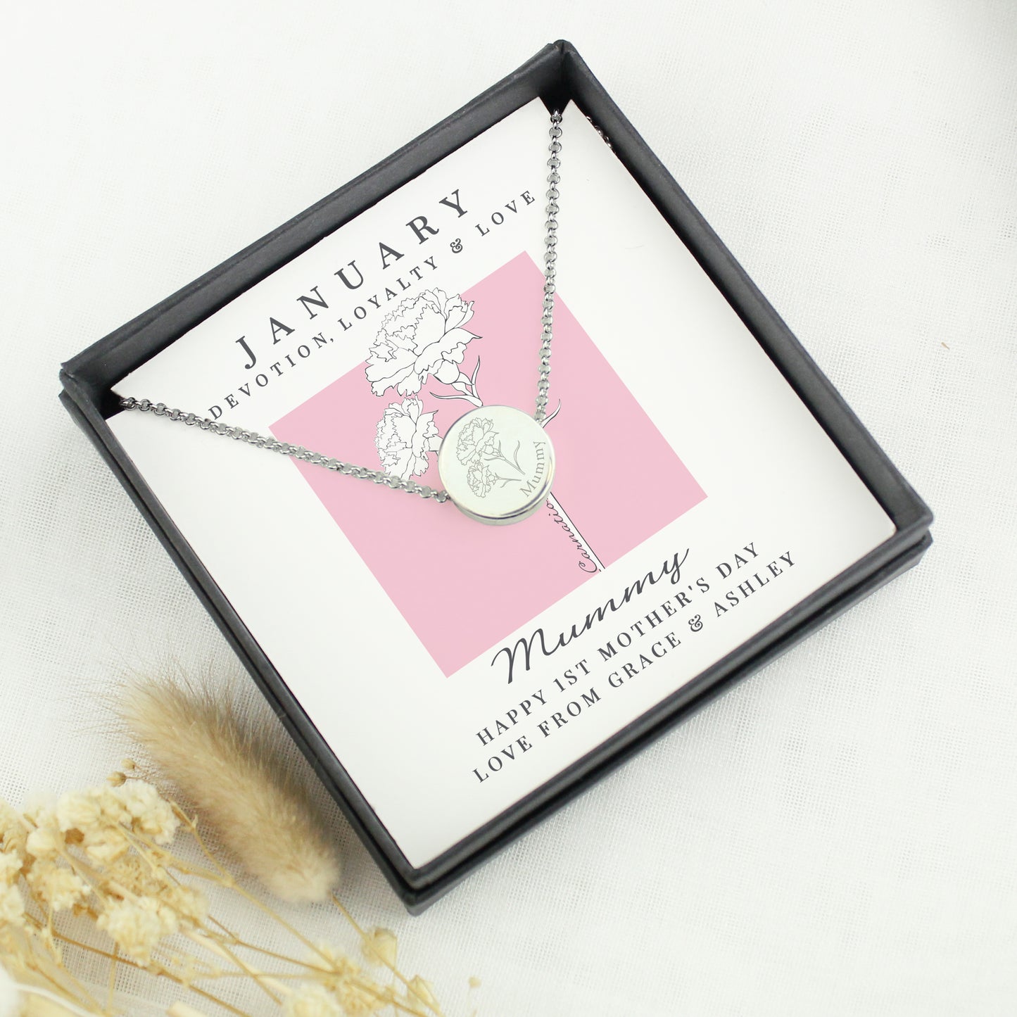 Personalised Birth Flower Necklace And Box | A personal gift - Artfully Curated Creations and identify whats in the image