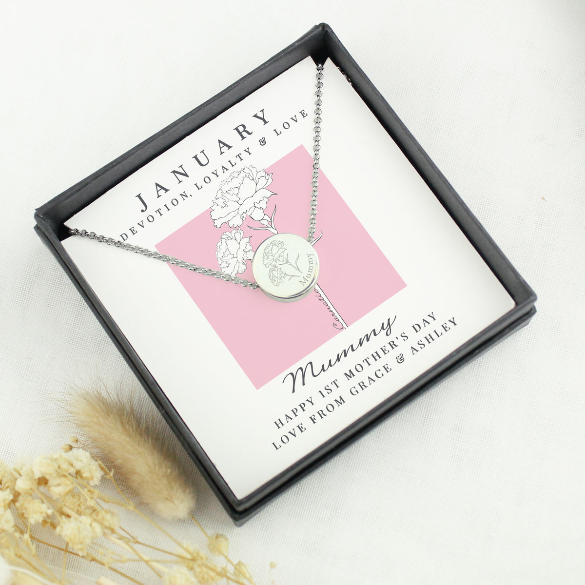 Personalised Birth Flower Necklace And Box | A personal gift - Artfully Curated Creations and identify whats in the image