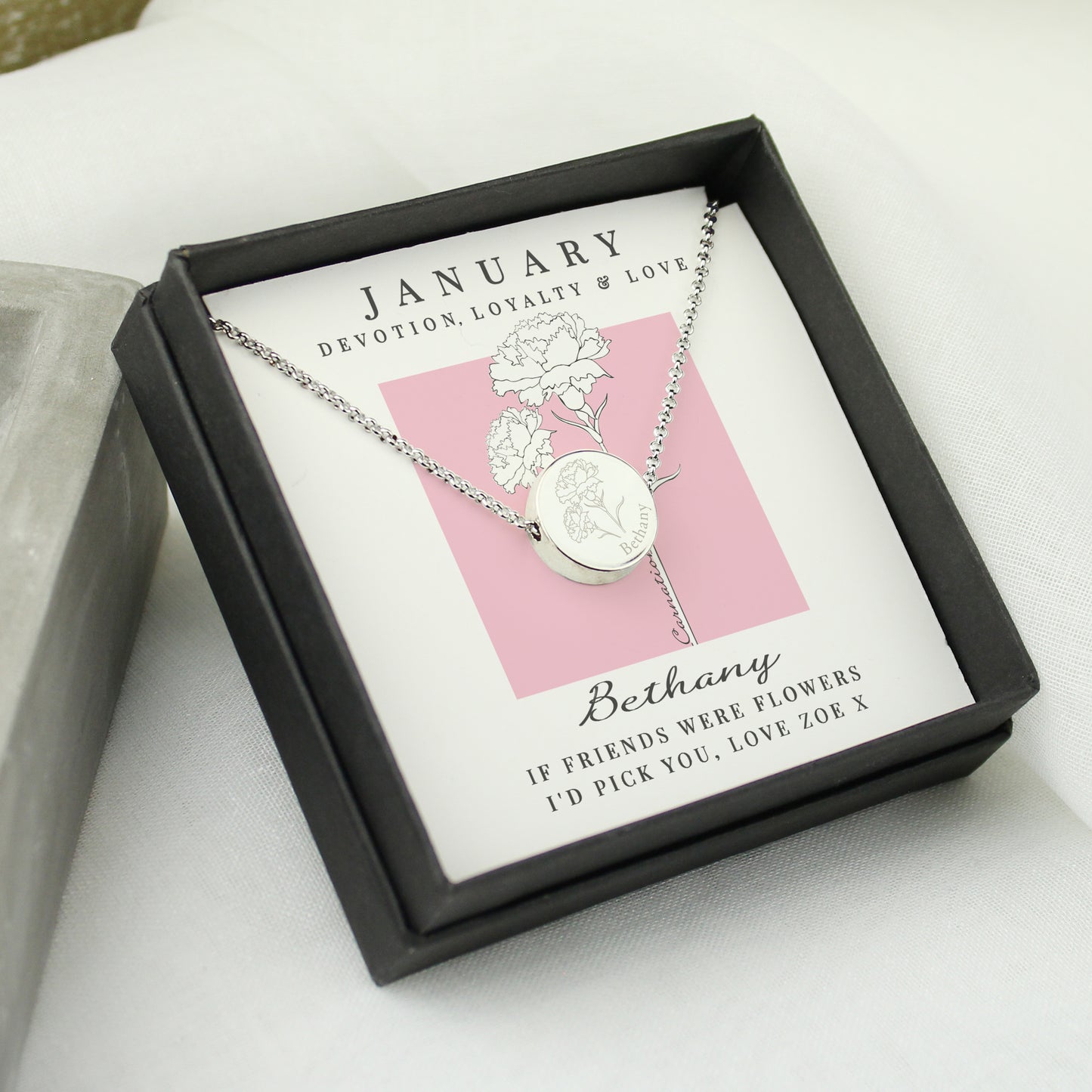 Personalised Birth Flower Necklace And Box | A personal gift - Artfully Curated Creations and identify whats in the image