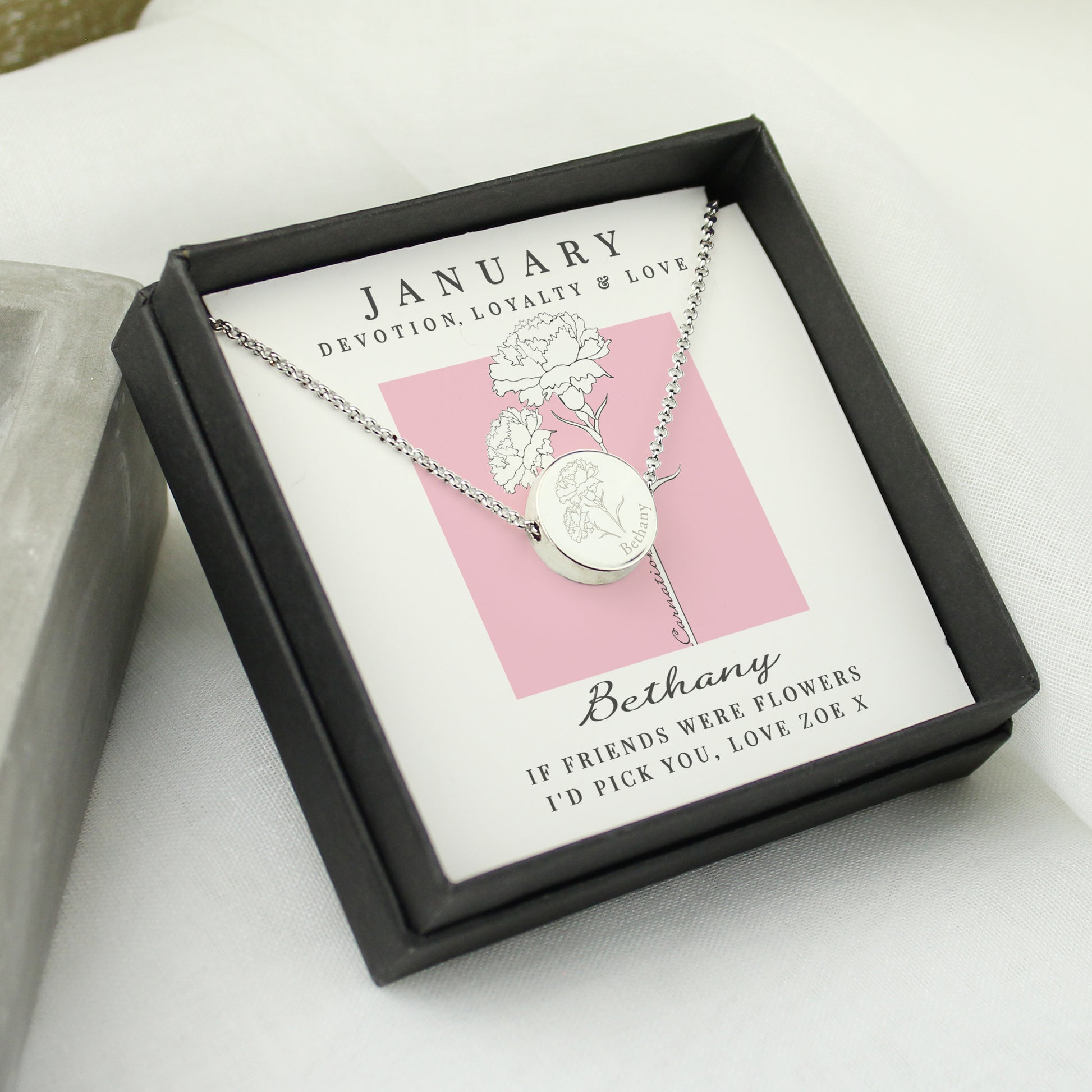 Personalised Birth Flower Necklace And Box | A personal gift - Artfully Curated Creations and identify whats in the image