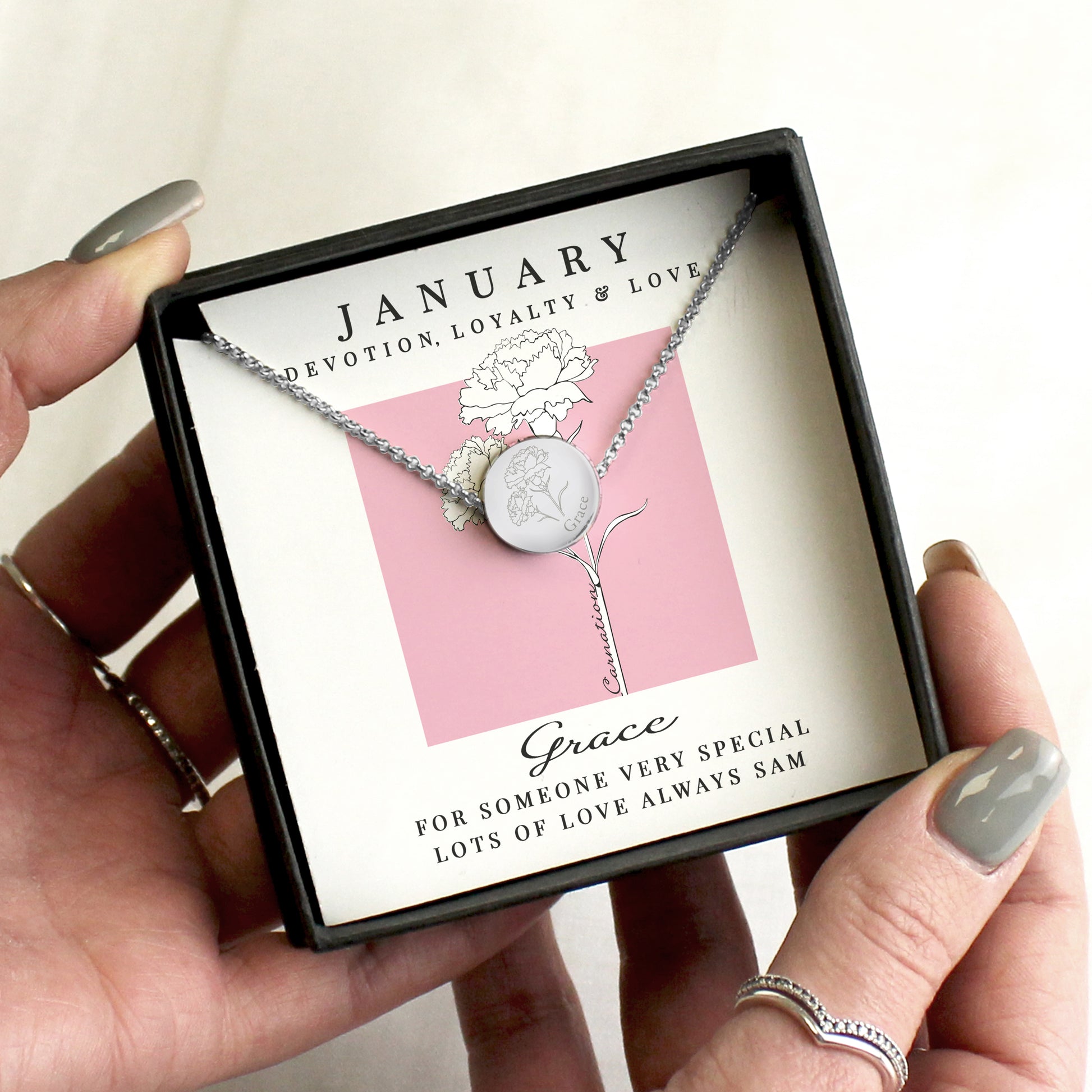 Personalised Birth Flower Necklace And Box | A personal gift - Artfully Curated Creations and identify whats in the image