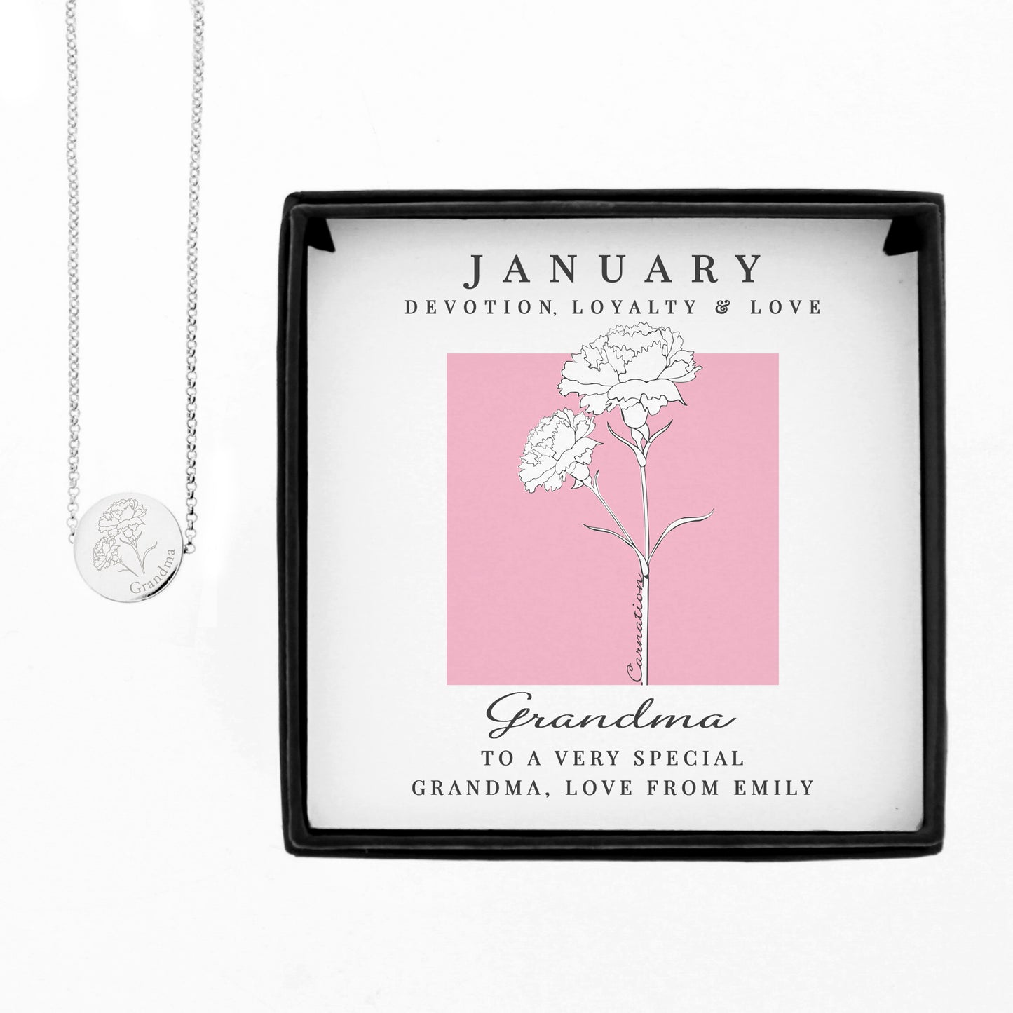 Personalised Birth Flower Necklace And Box | A personal gift - Artfully Curated Creations and identify whats in the image