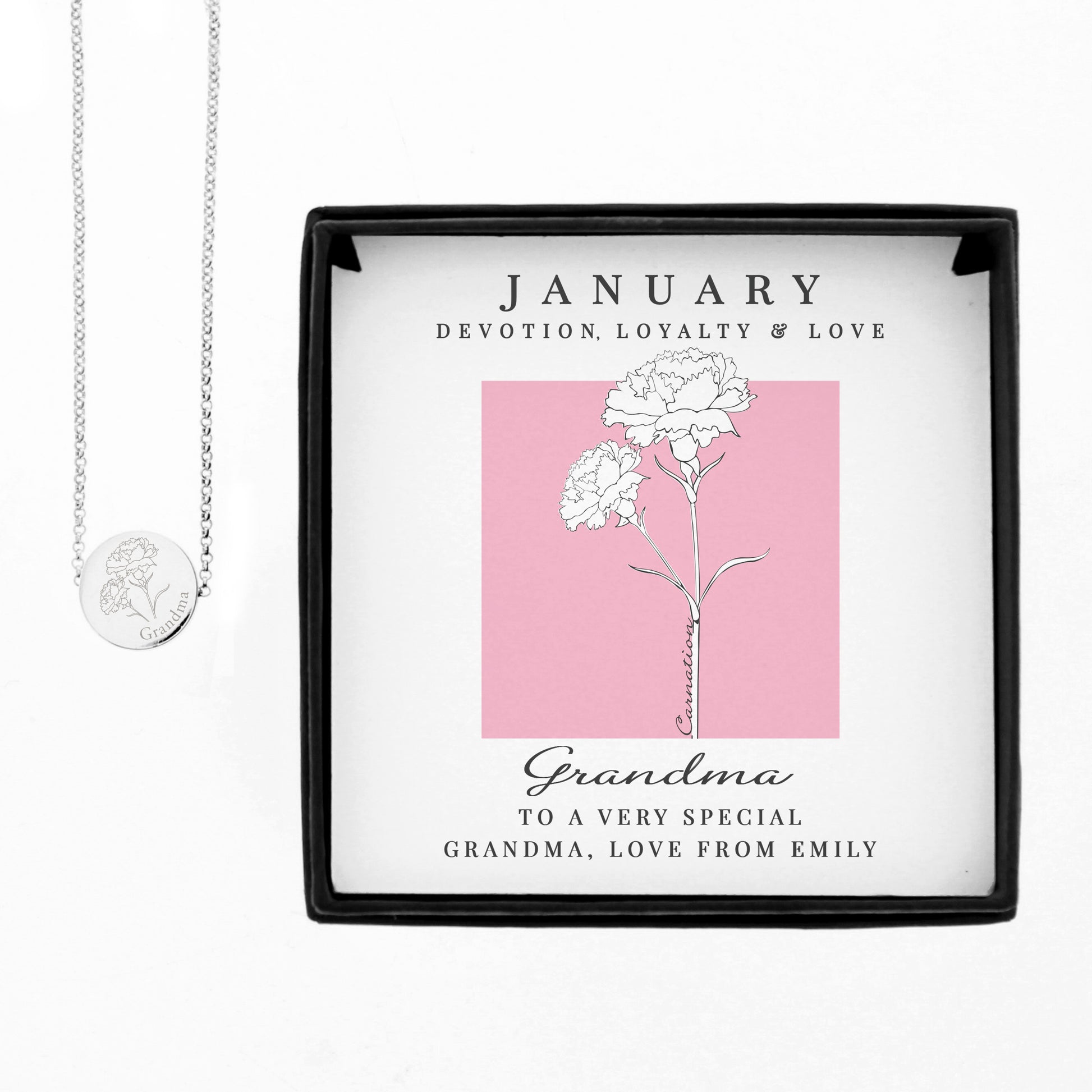 Personalised Birth Flower Necklace And Box | A personal gift - Artfully Curated Creations and identify whats in the image