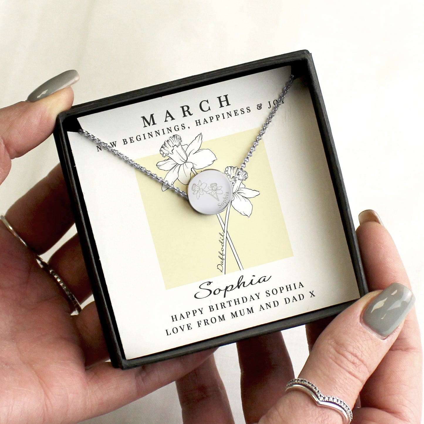 Personalised Birth Flower Necklace And Box | A personal gift - Artfully Curated Creations and identify whats in the image
