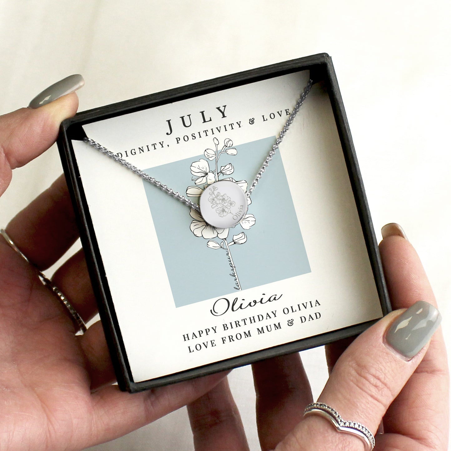 Personalised Birth Flower Necklace And Box | A personal gift - Artfully Curated Creations and identify whats in the image