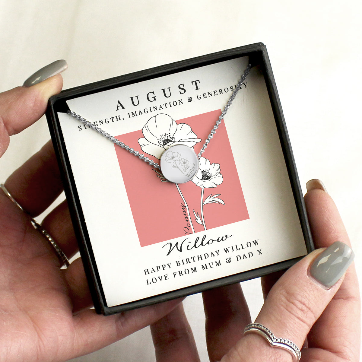 Personalised Birth Flower Necklace And Box | A personal gift - Artfully Curated Creations and identify whats in the image