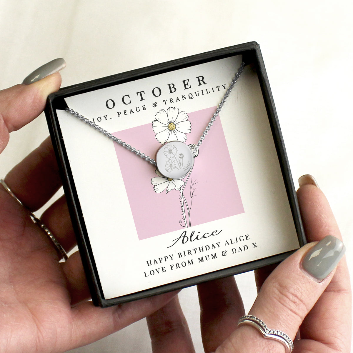 Personalised Birth Flower Necklace And Box | A personal gift - Artfully Curated Creations and identify whats in the image