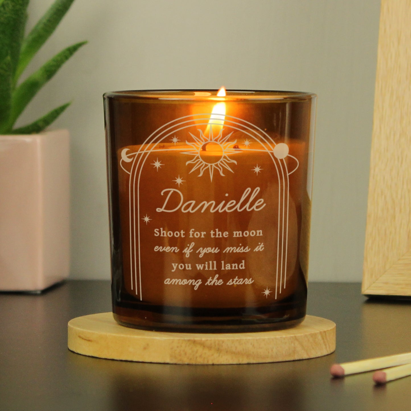 Personalised Celestial Vanilla Scented Candle In Amber Glass Jar | Handmade | A personal gift - Artfully Curated Creations and identify whats in the image