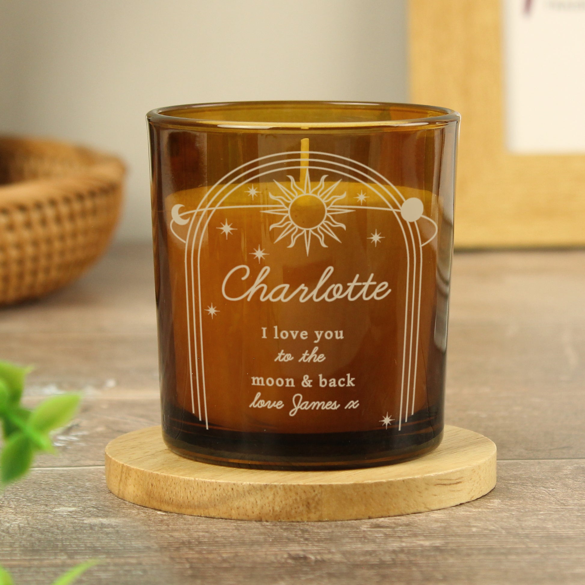 Personalised Celestial Vanilla Scented Candle In Amber Glass Jar | Handmade | A personal gift - Artfully Curated Creations and identify whats in the image