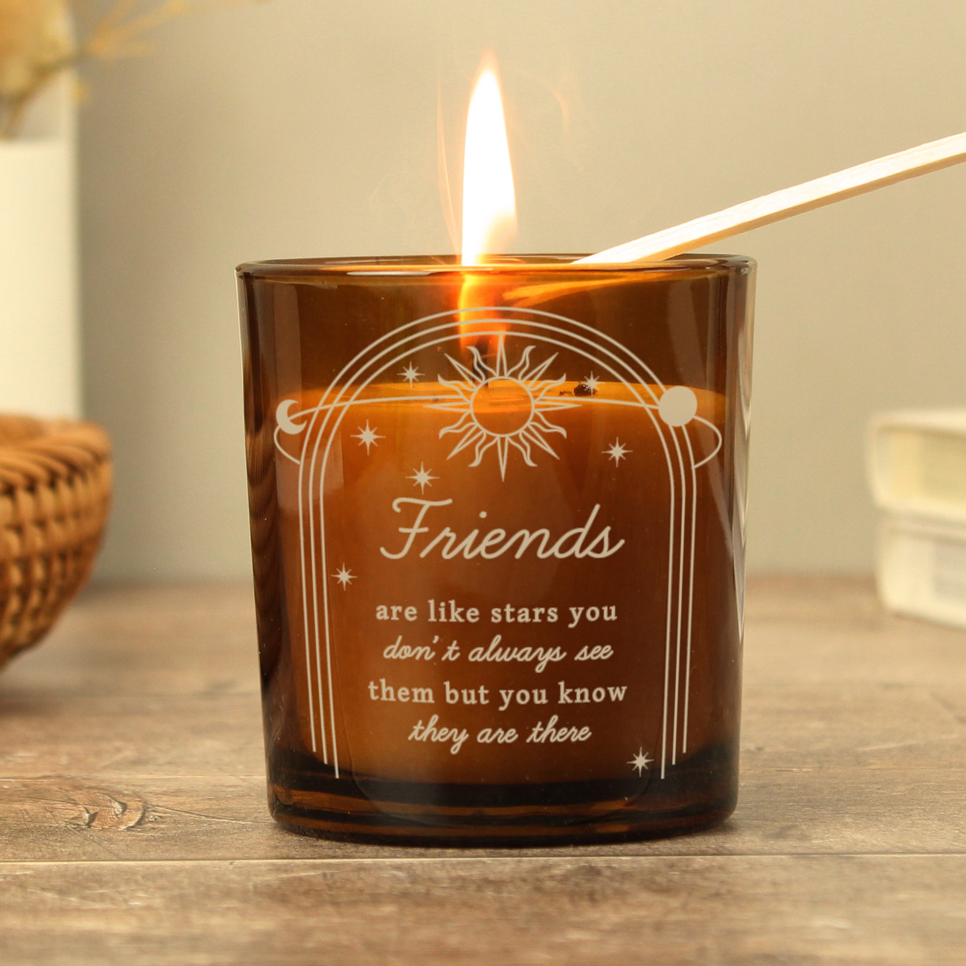 Personalised Celestial Vanilla Scented Candle In Amber Glass Jar | Handmade | A personal gift - Artfully Curated Creations and identify whats in the image