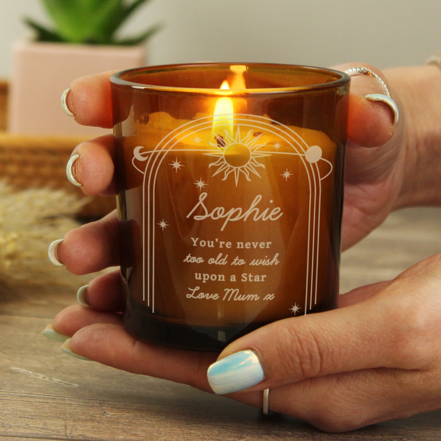 Personalised Celestial Vanilla Scented Candle In Amber Glass Jar | Handmade | A personal gift - Artfully Curated Creations and identify whats in the image