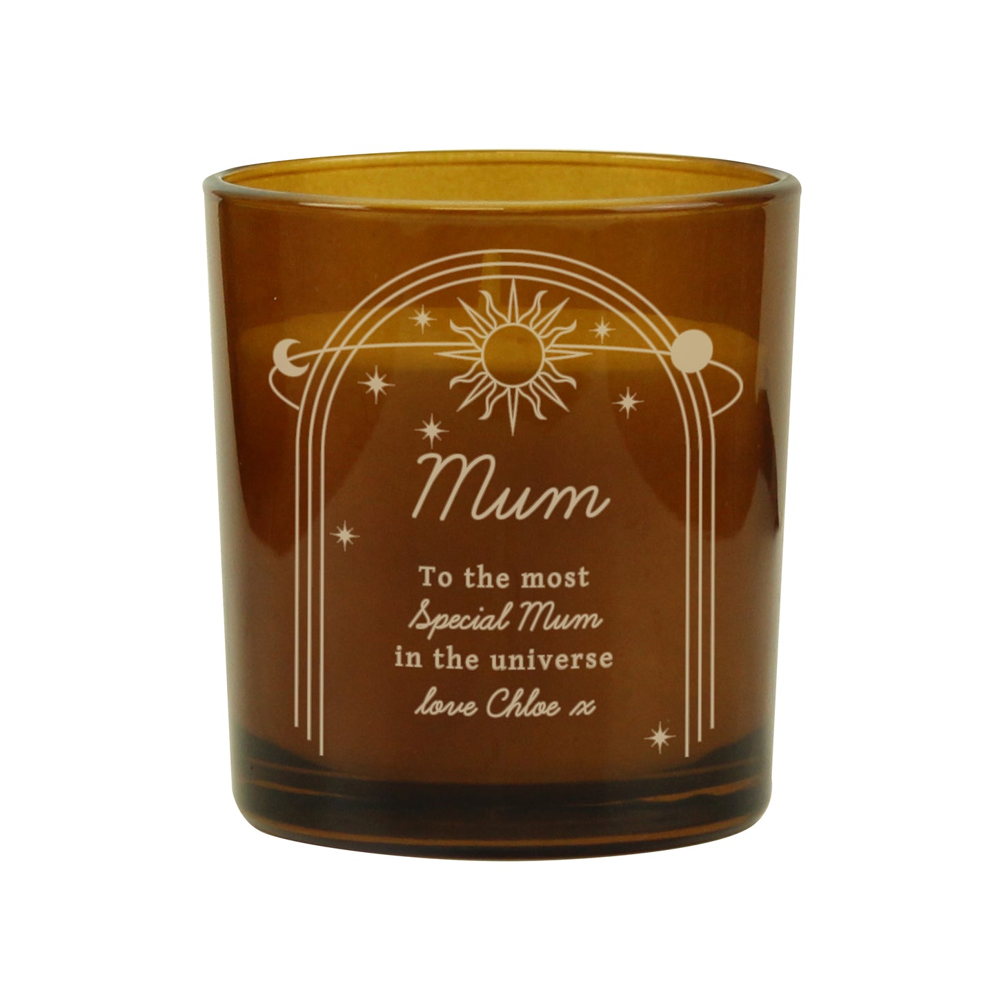 Personalised Celestial Vanilla Scented Candle In Amber Glass Jar | Handmade | A personal gift - Artfully Curated Creations and identify whats in the image