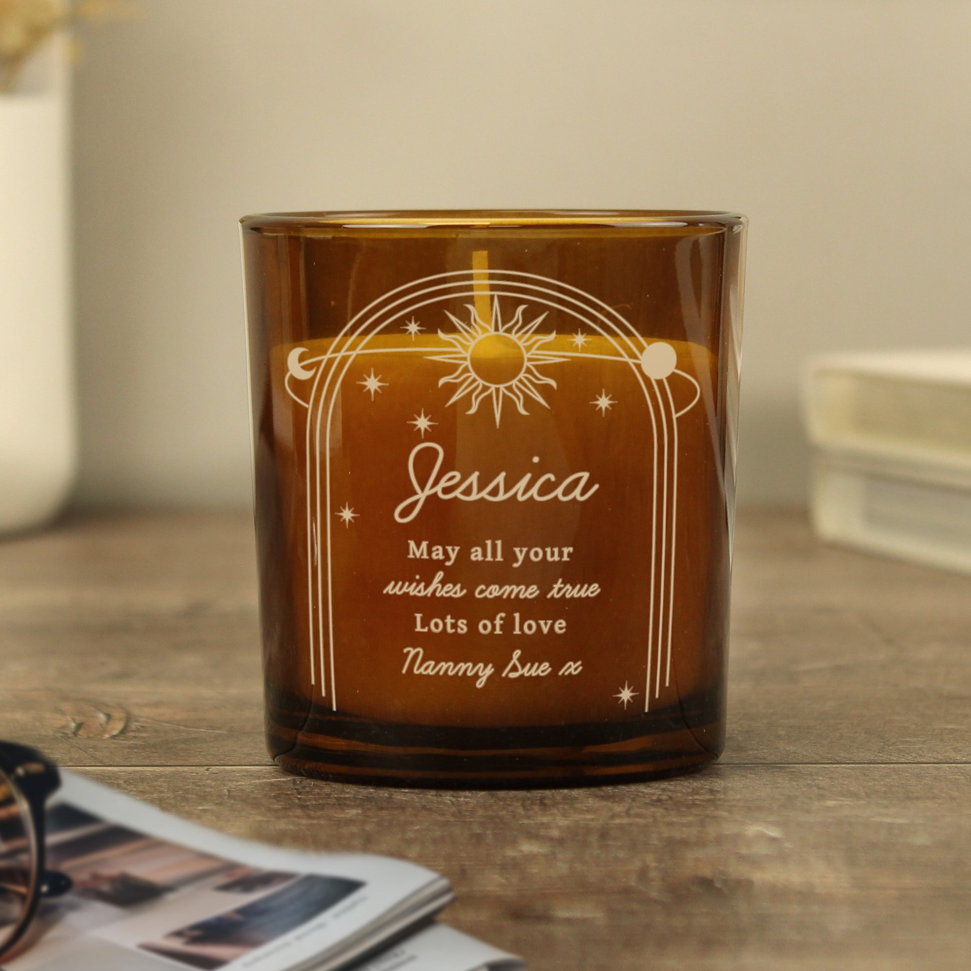 Personalised Celestial Vanilla Scented Candle In Amber Glass Jar | Handmade | A personal gift - Artfully Curated Creations and identify whats in the image