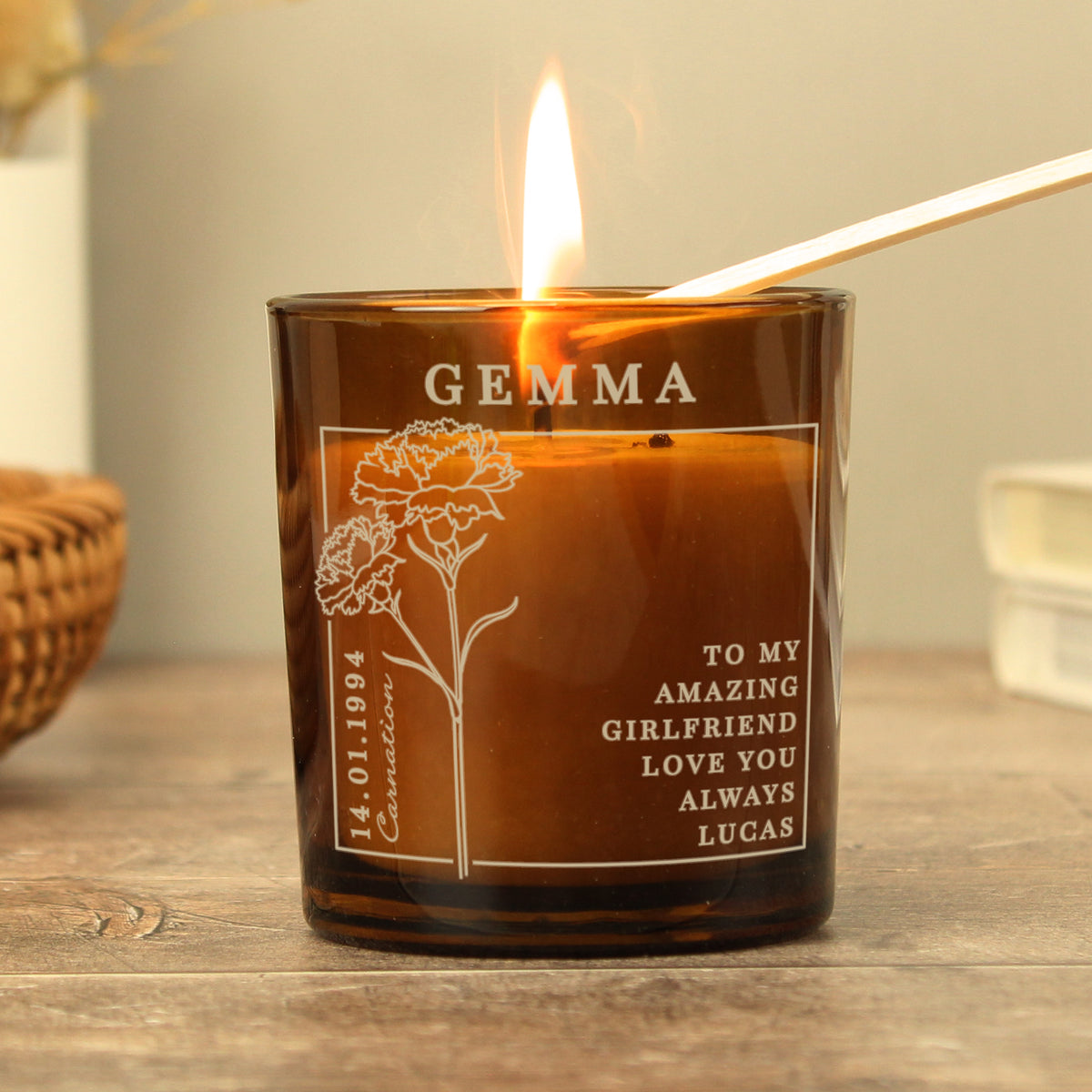 Personalised Birth Flower Candle in Amber Glass Jar | Handmade | A personal gift - Artfully Curated Creations and identify whats in the image