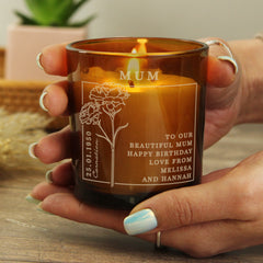 Personalised Birth Flower Candle in Amber Glass Jar | Handmade | A personal gift