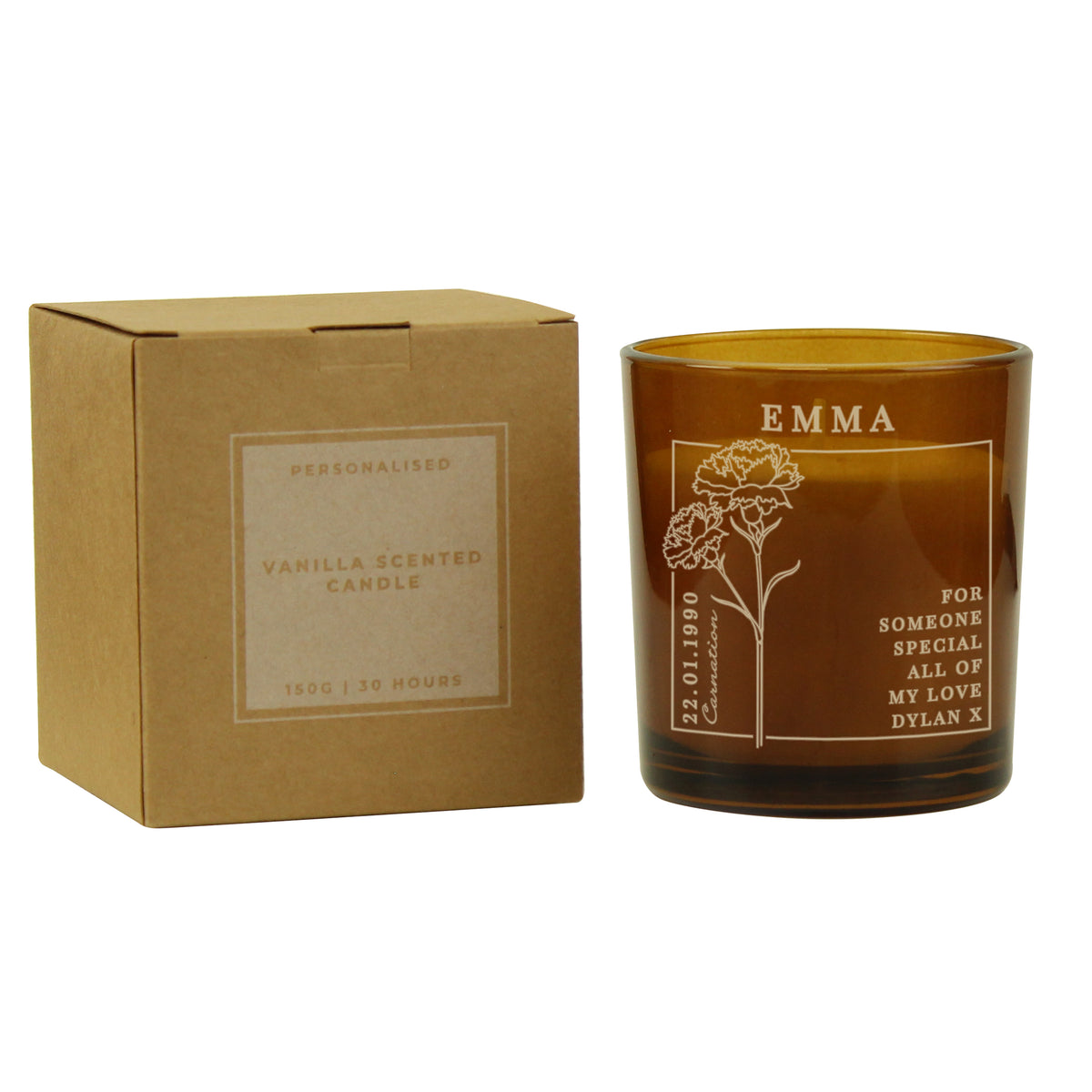 Personalised Birth Flower Candle in Amber Glass Jar | Handmade | A personal gift - Artfully Curated Creations and identify whats in the image