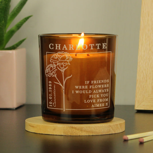 Personalised Birth Flower Candle in Amber Glass Jar | Handmade | A personal gift
