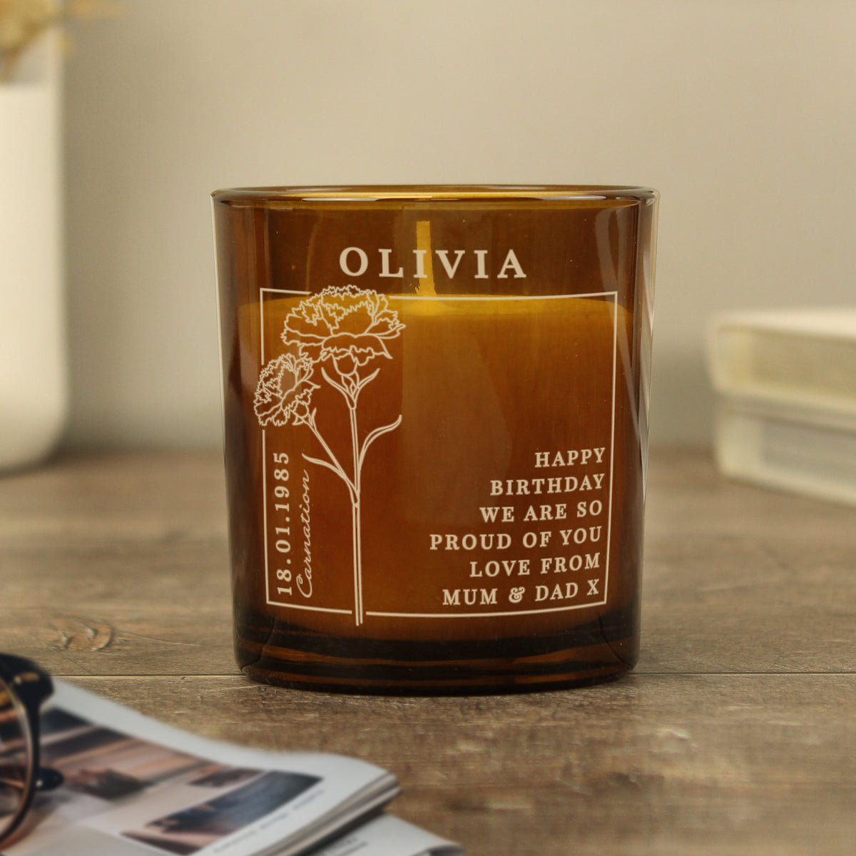 Personalised Birth Flower Candle in Amber Glass Jar | Handmade | A personal gift - Artfully Curated Creations and identify whats in the image