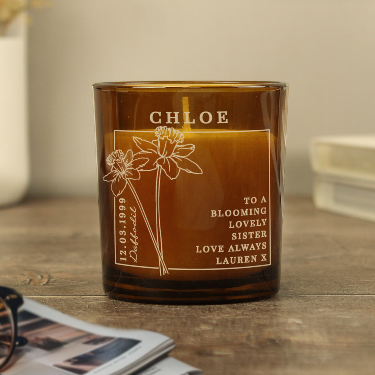 Personalised Birth Flower Candle in Amber Glass Jar | Handmade | A personal gift - Artfully Curated Creations and identify whats in the image