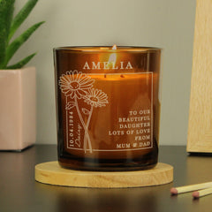 Personalised Birth Flower Candle in Amber Glass Jar | Handmade | A personal gift