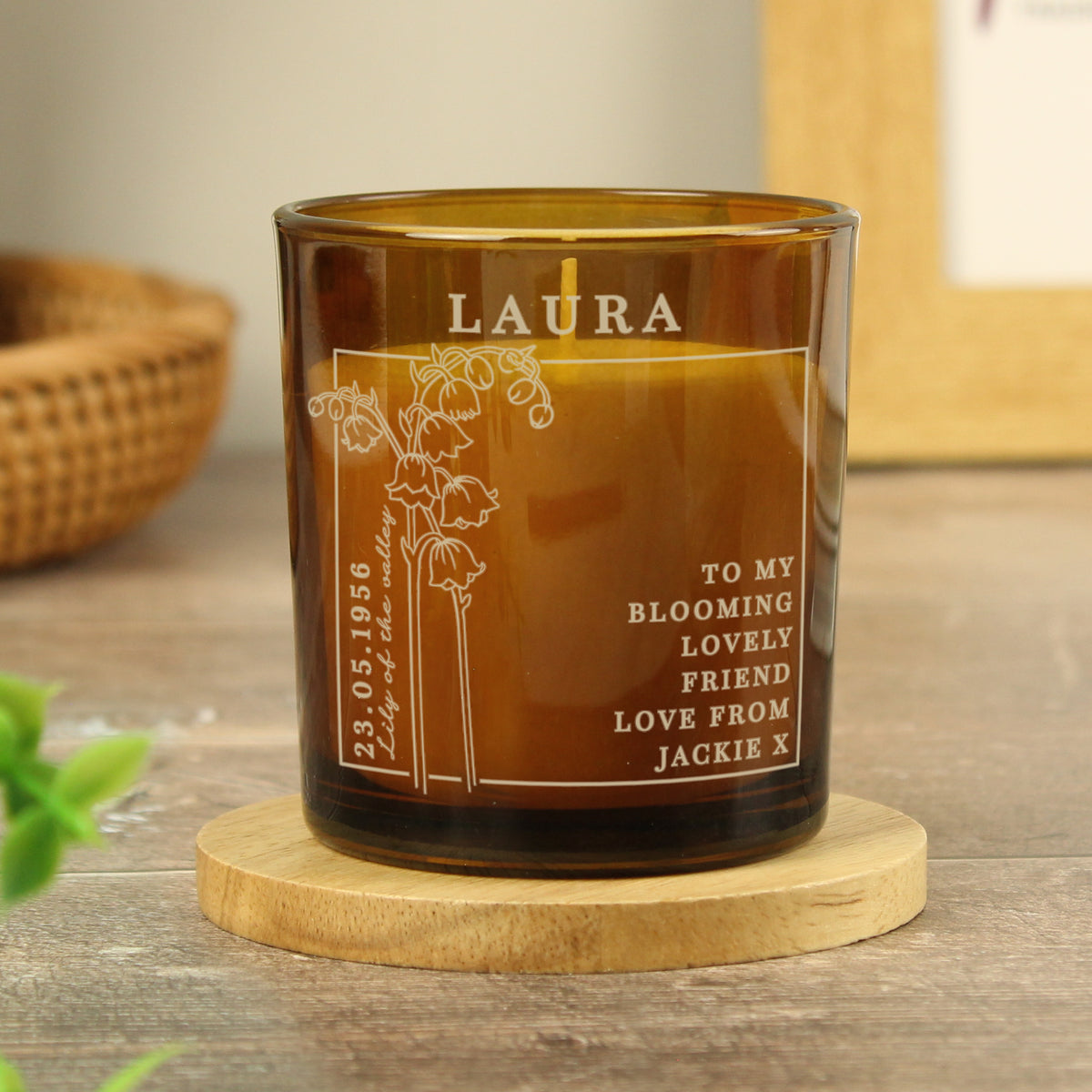 Personalised Birth Flower Candle in Amber Glass Jar | Handmade | A personal gift - Artfully Curated Creations and identify whats in the image