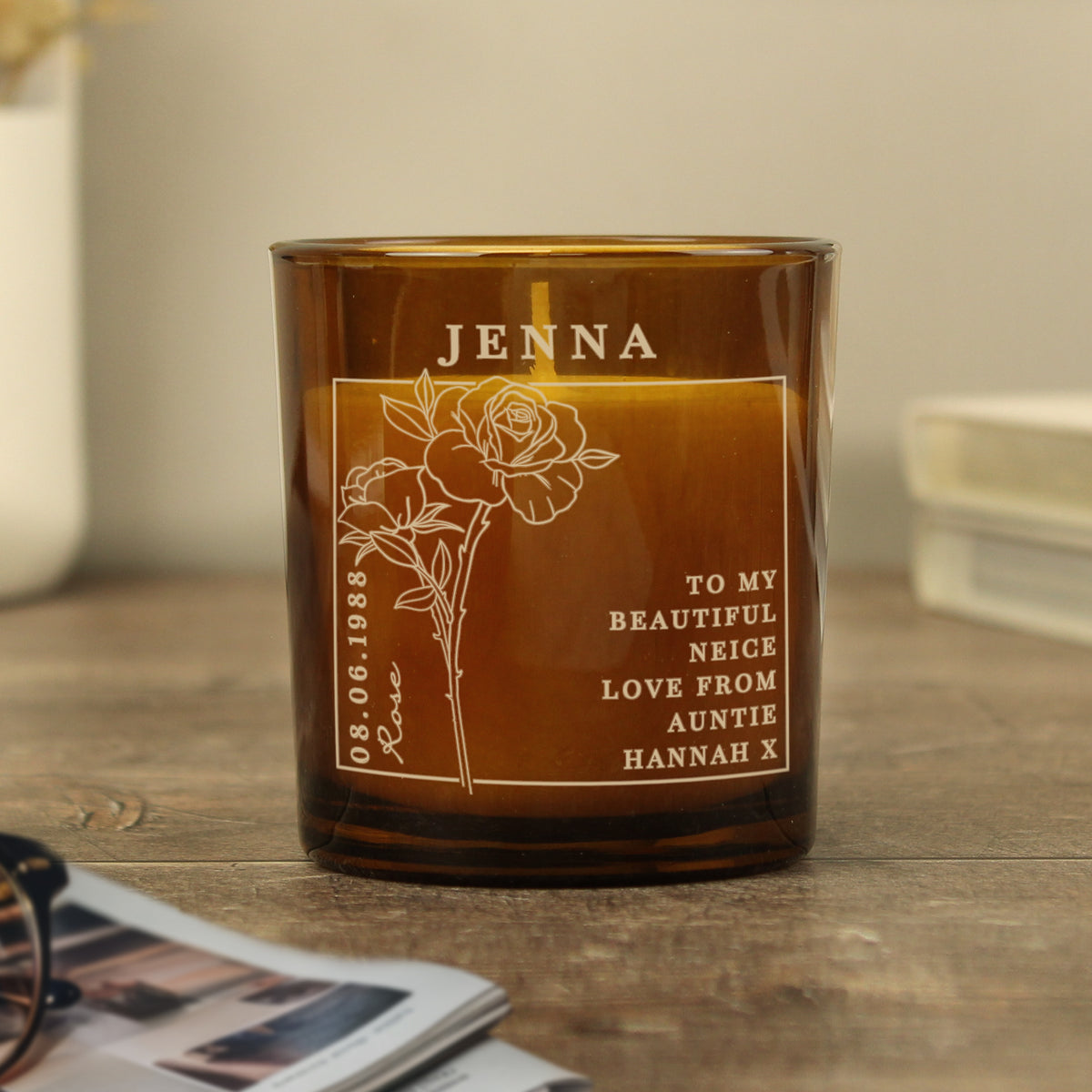 Personalised Birth Flower Candle in Amber Glass Jar | Handmade | A personal gift - Artfully Curated Creations and identify whats in the image