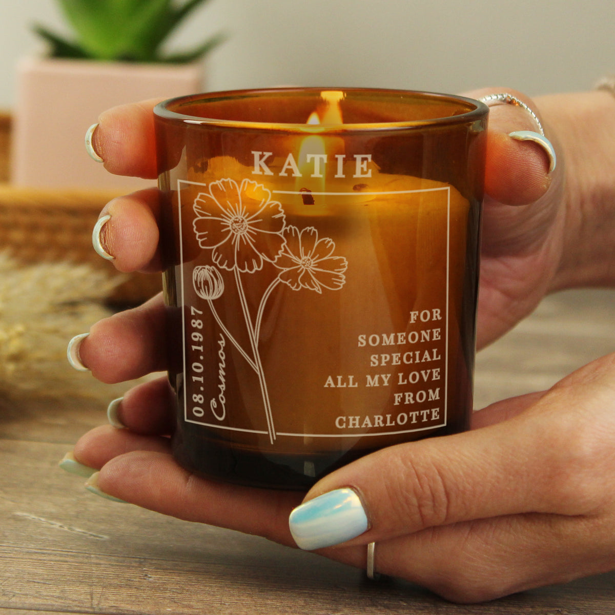 Personalised Birth Flower Candle in Amber Glass Jar | Handmade | A personal gift - Artfully Curated Creations and identify whats in the image