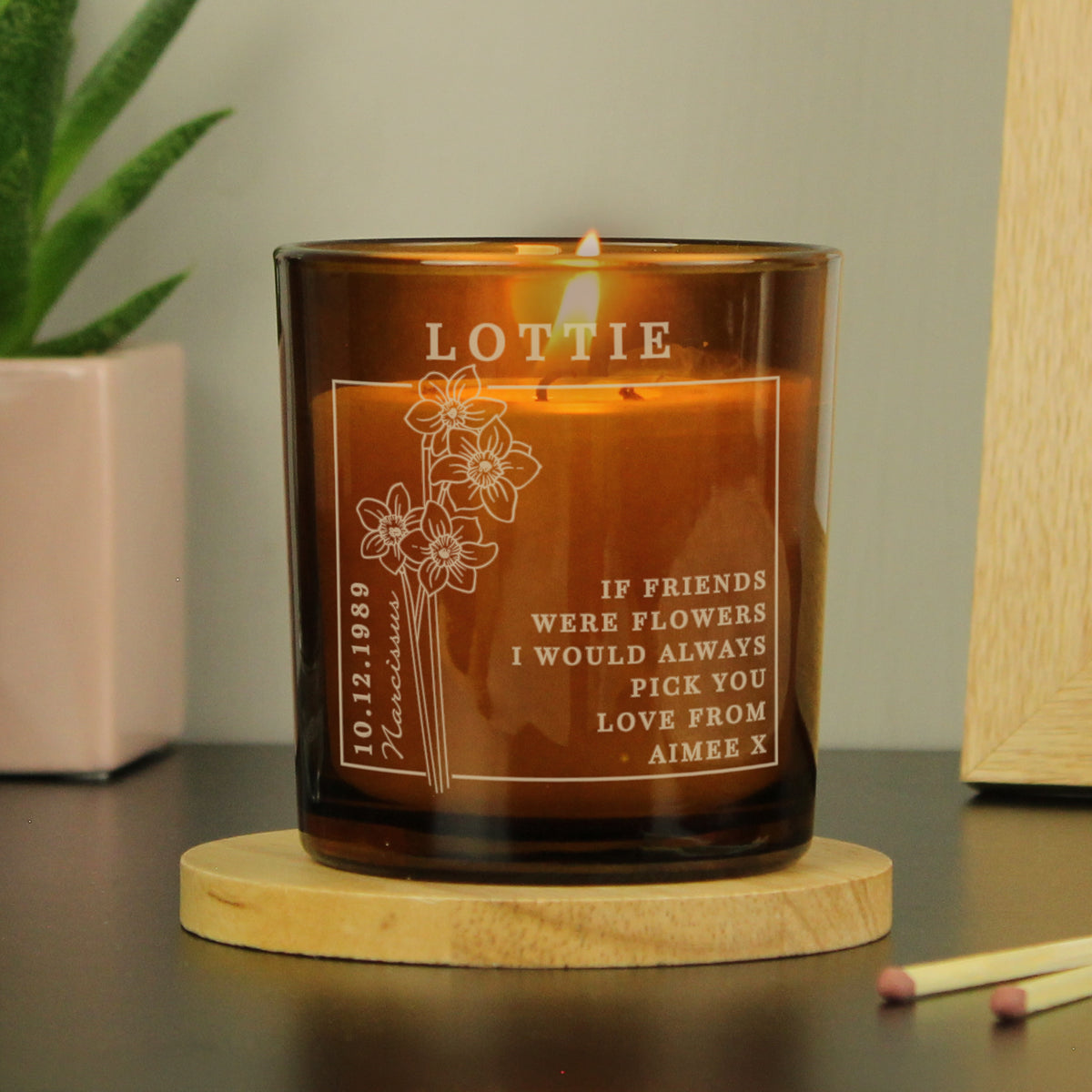 Personalised Birth Flower Candle in Amber Glass Jar | Handmade | A personal gift - Artfully Curated Creations and identify whats in the image