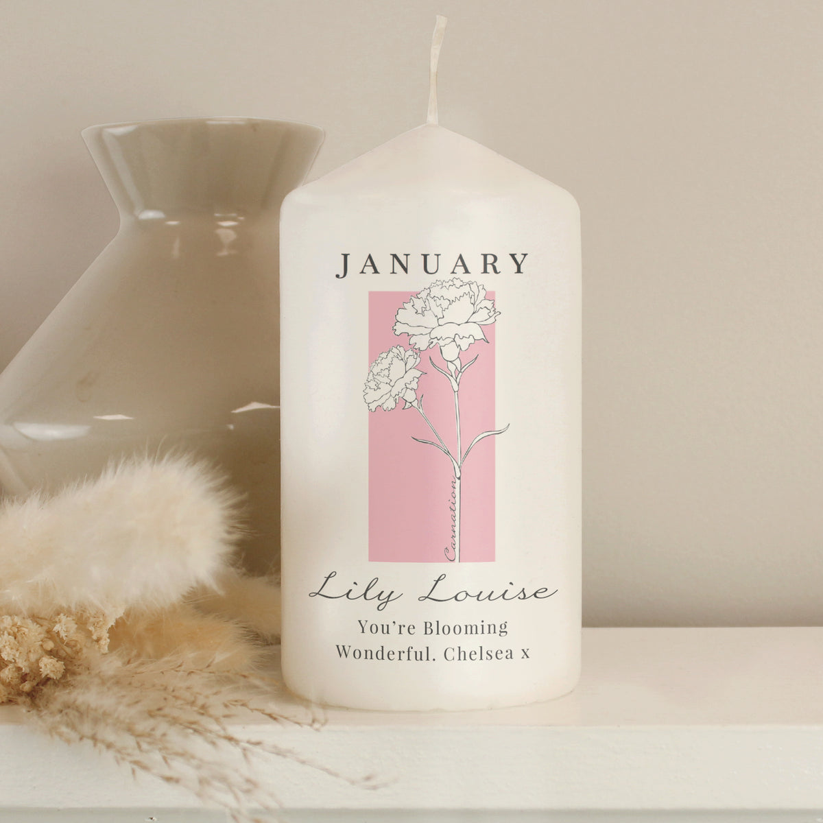 Personalised Birth Flower Pillar Candle | Handmade | A personal gift - Artfully Curated Creations and identify whats in the image
