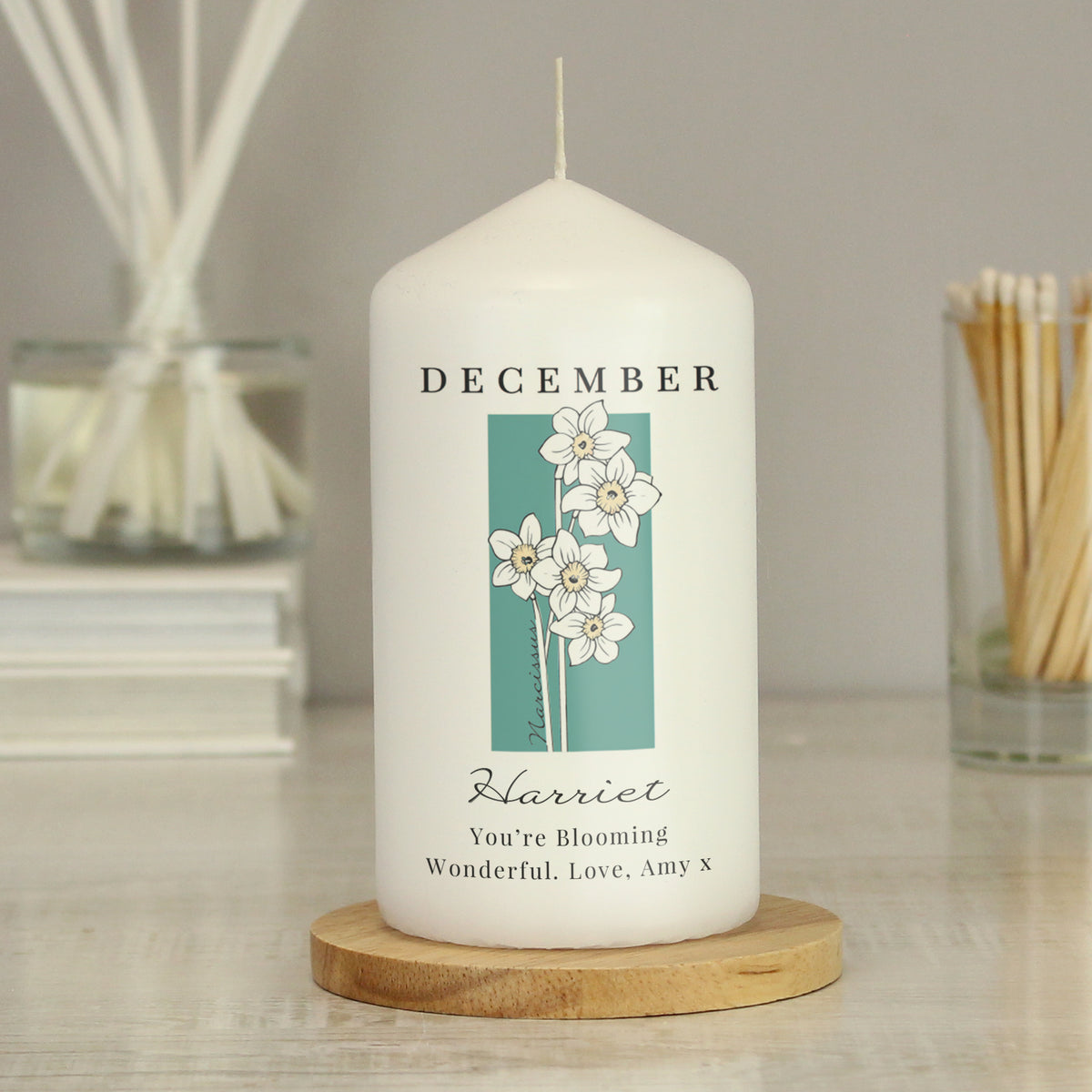 Personalised Birth Flower Pillar Candle | Handmade | A personal gift - Artfully Curated Creations and identify whats in the image