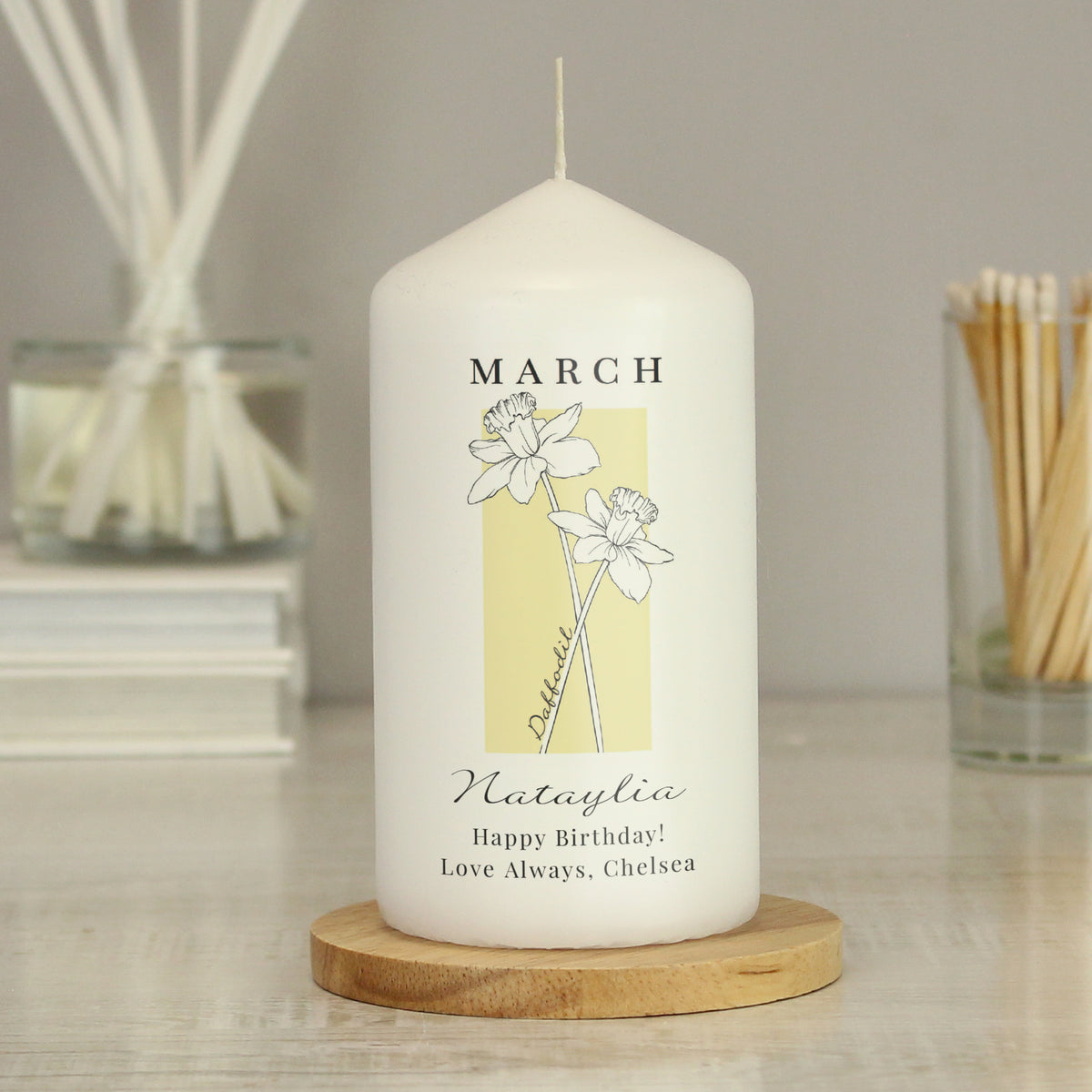 Personalised Birth Flower Pillar Candle | Handmade | A personal gift - Artfully Curated Creations and identify whats in the image