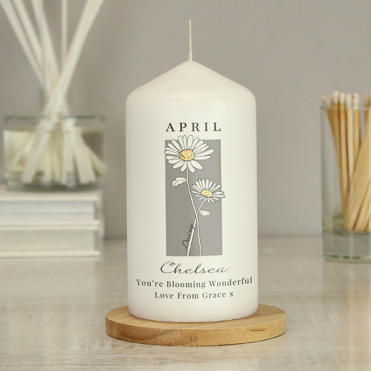 Personalised Birth Flower Pillar Candle | Handmade | A personal gift - Artfully Curated Creations and identify whats in the image