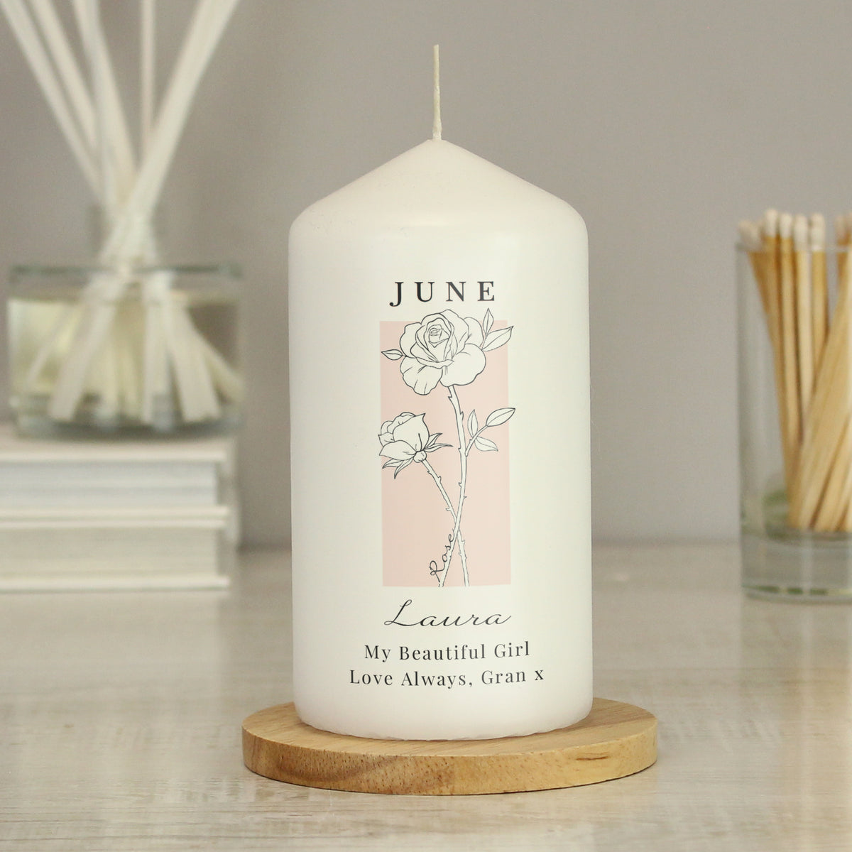 Personalised Birth Flower Pillar Candle | Handmade | A personal gift - Artfully Curated Creations and identify whats in the image